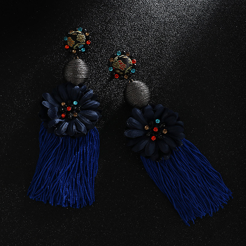 Elegant Blue Flower Decorated Long Tassel Earrings,Drop Earrings