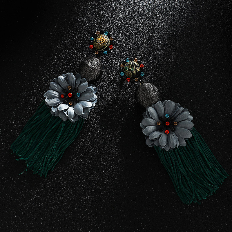 Elegant Green Flower Decorated Long Tassel Earrings,Drop Earrings
