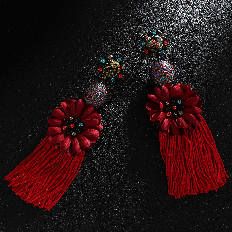Elegant Blue Flower Decorated Long Tassel Earrings,Drop Earrings