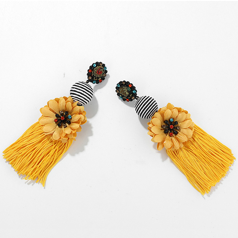 Elegant Light Yellow Flower Decorated Long Tassel Earrings,Drop Earrings