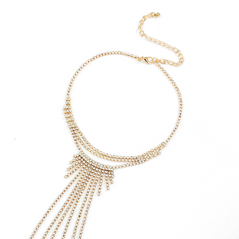 Elegant Gold Color Full Diamond Design Long Tassel Choker,Multi Strand Necklaces
