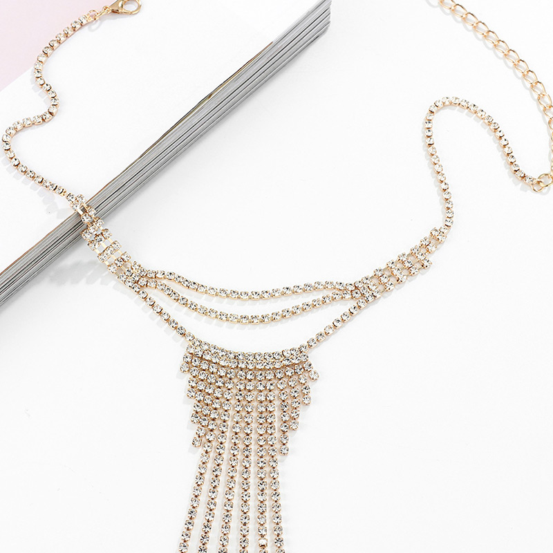 Elegant Silver Color Full Diamond Design Long Tassel Choker,Multi Strand Necklaces