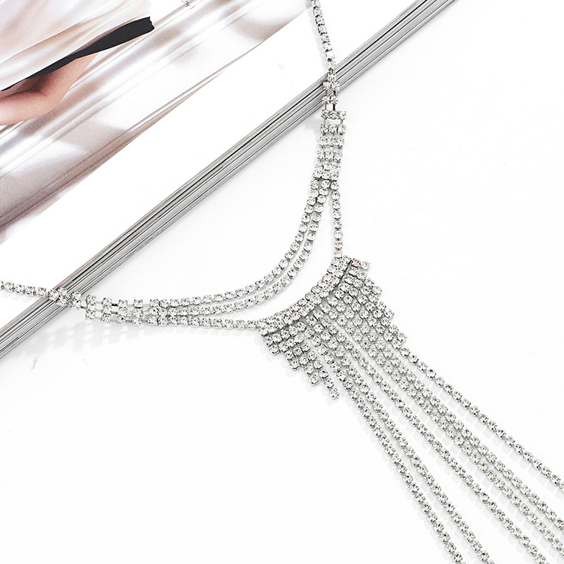 Elegant Silver Color Full Diamond Design Long Tassel Choker,Multi Strand Necklaces