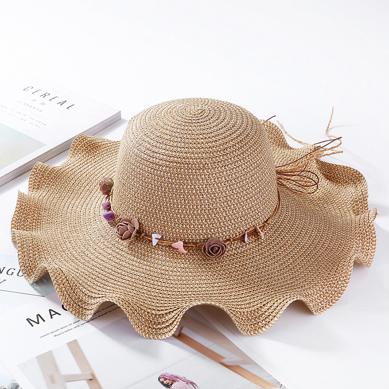 Fashion Beige Flowers&shells Decorated Sunscreen Beach Hat,Sun Hats