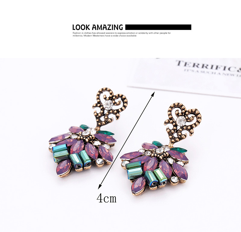 Fashion Purple Geometric Shape Diamond Decorated Earrings,Drop Earrings