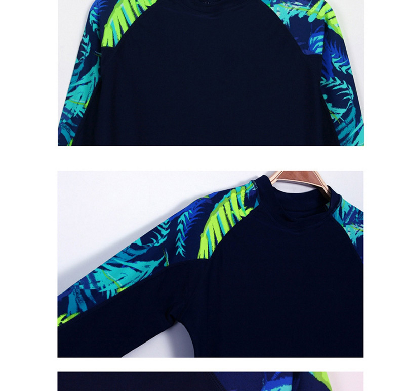 Sexy Navy Leaf Decorated Long Sleeves Swimsuit,Swimwear Plus Size