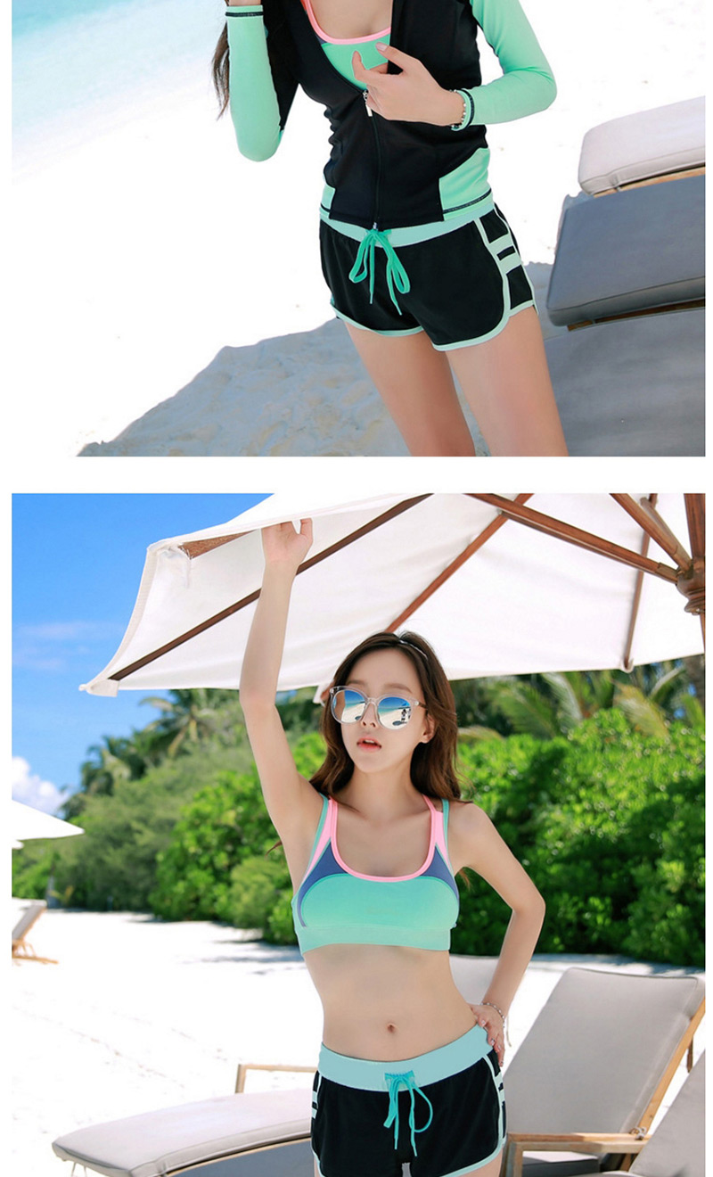 Sexy Black+green Color Matching Design Casual Swimsuit(4pcs),Swimwear Plus Size