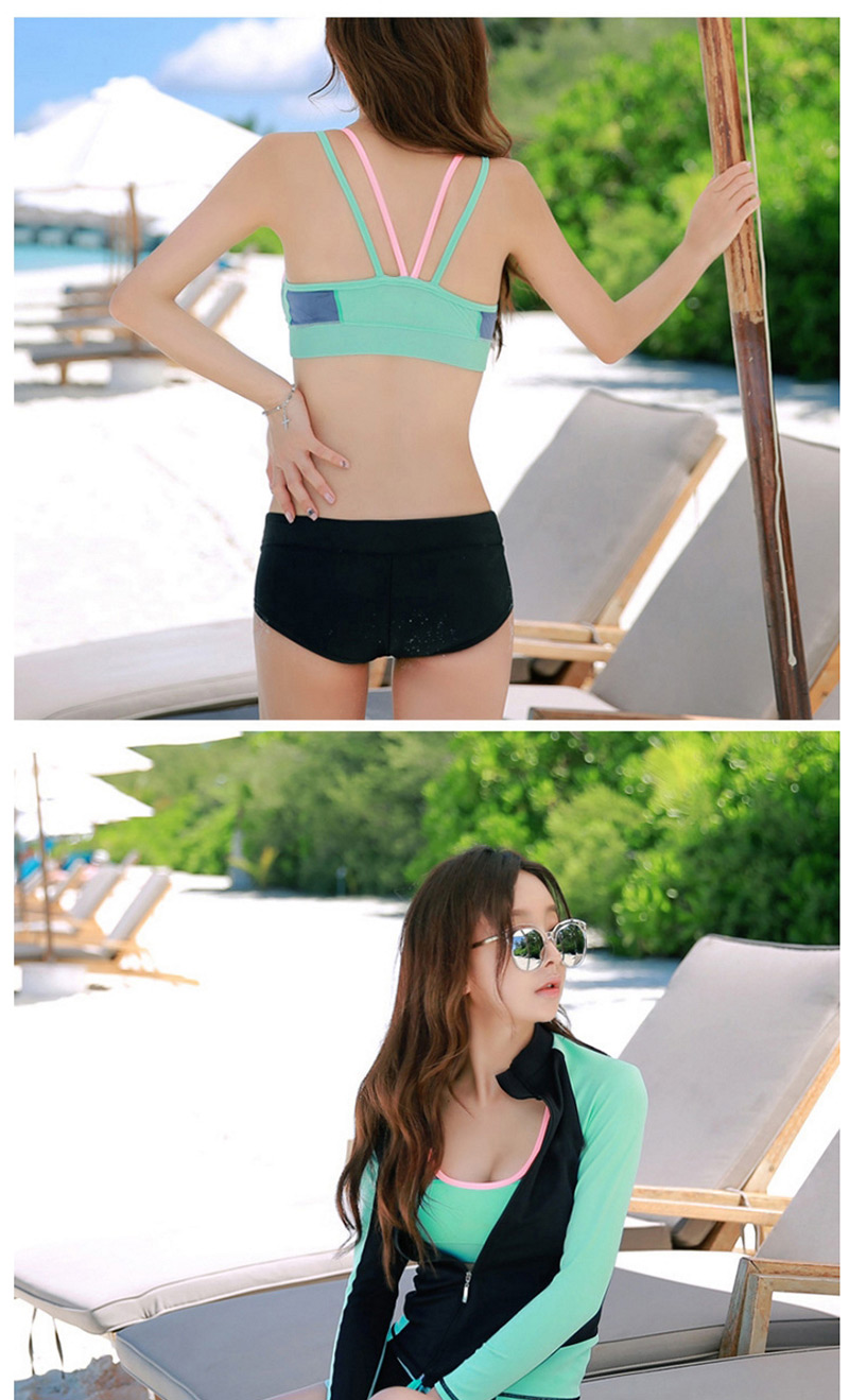 Sexy Black+green Color Matching Design Casual Swimsuit(4pcs),Swimwear Plus Size