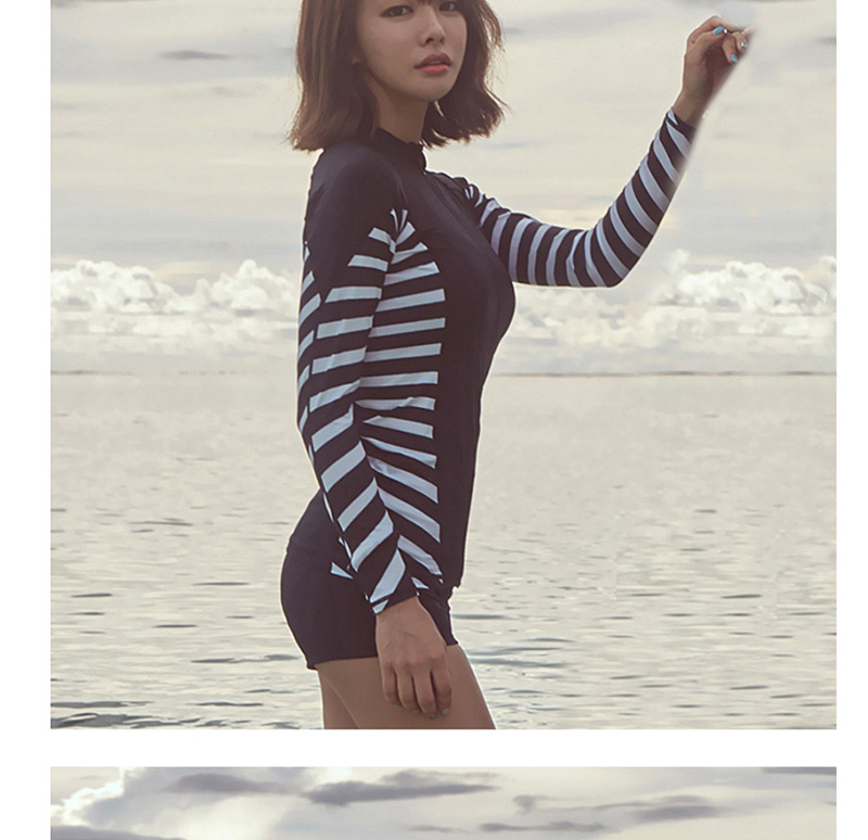 Sexy White+black Stripe Pattern Design Long Sleeves Swimsuit,Swimwear Plus Size