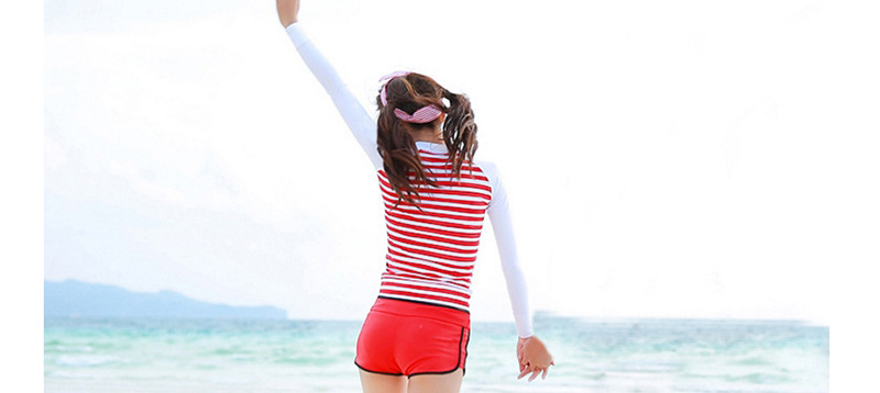 Sexy Red+white Stripe Pattern Design Long Sleeves Swimsuit(3pcs),Swimwear Plus Size