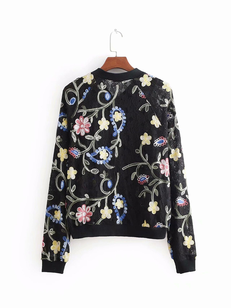 Fashion Black Embroidered Flowers Decorated Baseball Jacket,Blouses