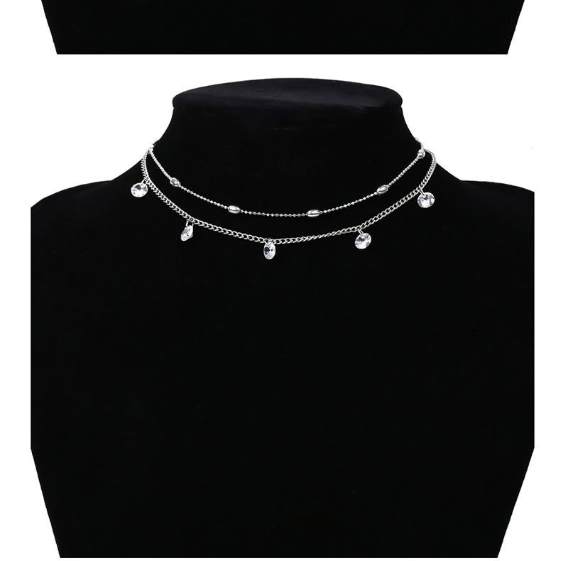 Elegant Silver Color Diamond Decorated Double Layer Necklace,Multi Strand Necklaces