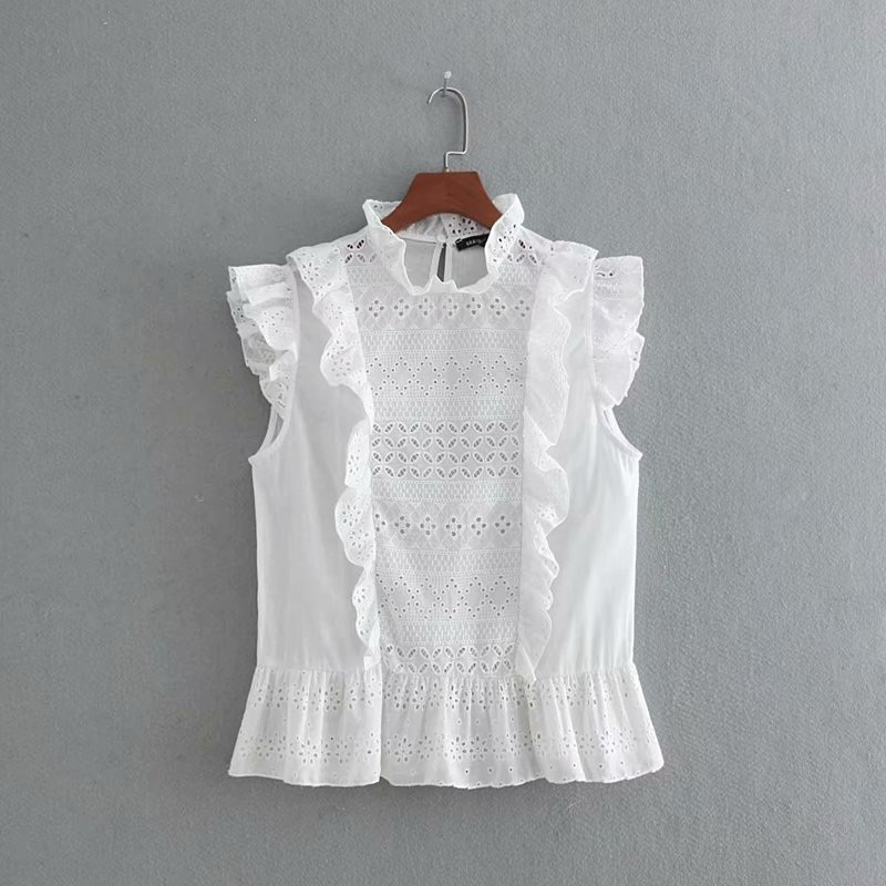 Fashion White Hollow Out Design Pure Color Blouse,Tank Tops & Camis