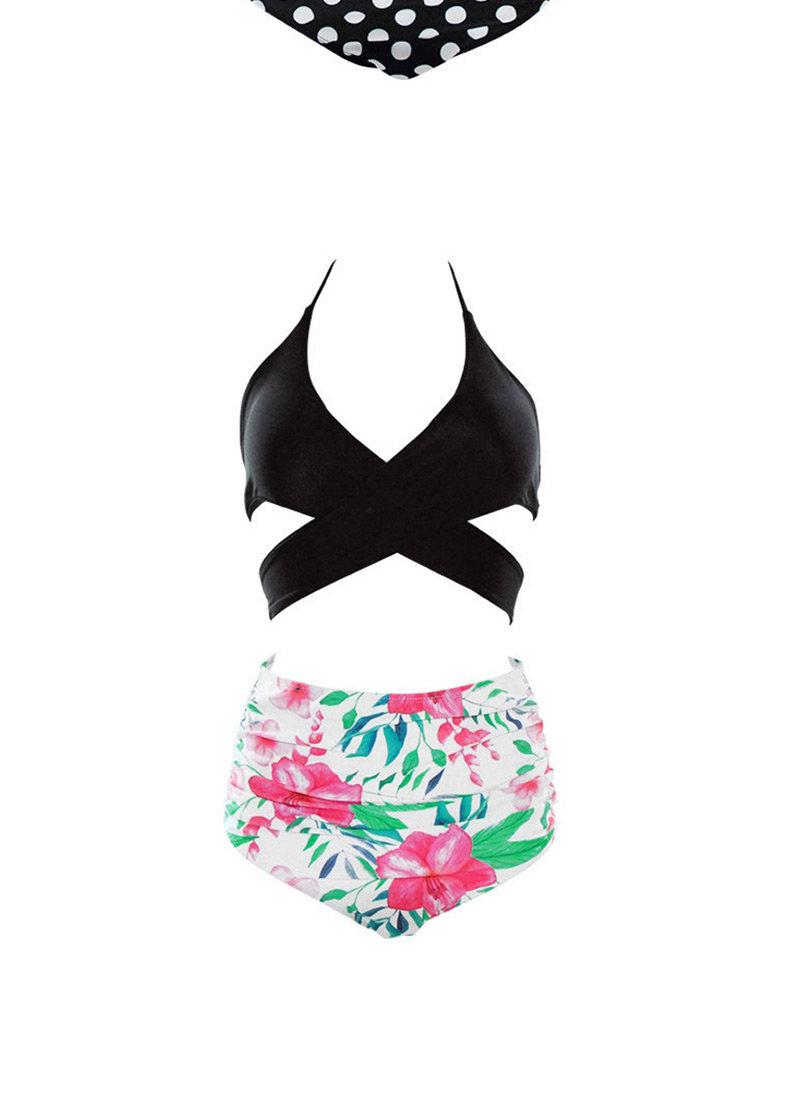 Sexy Black+pink Off-the-shoulder Design Leaf Pattern Decorated Swimwear(2pcs),Bikini Sets