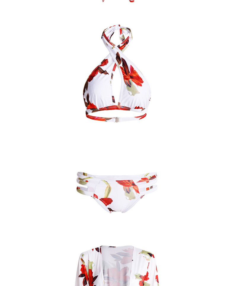 Sexy Red+white Off-the-shoulder Design Flower Pattern Swimwear(3pcs),Sunscreen Shirts