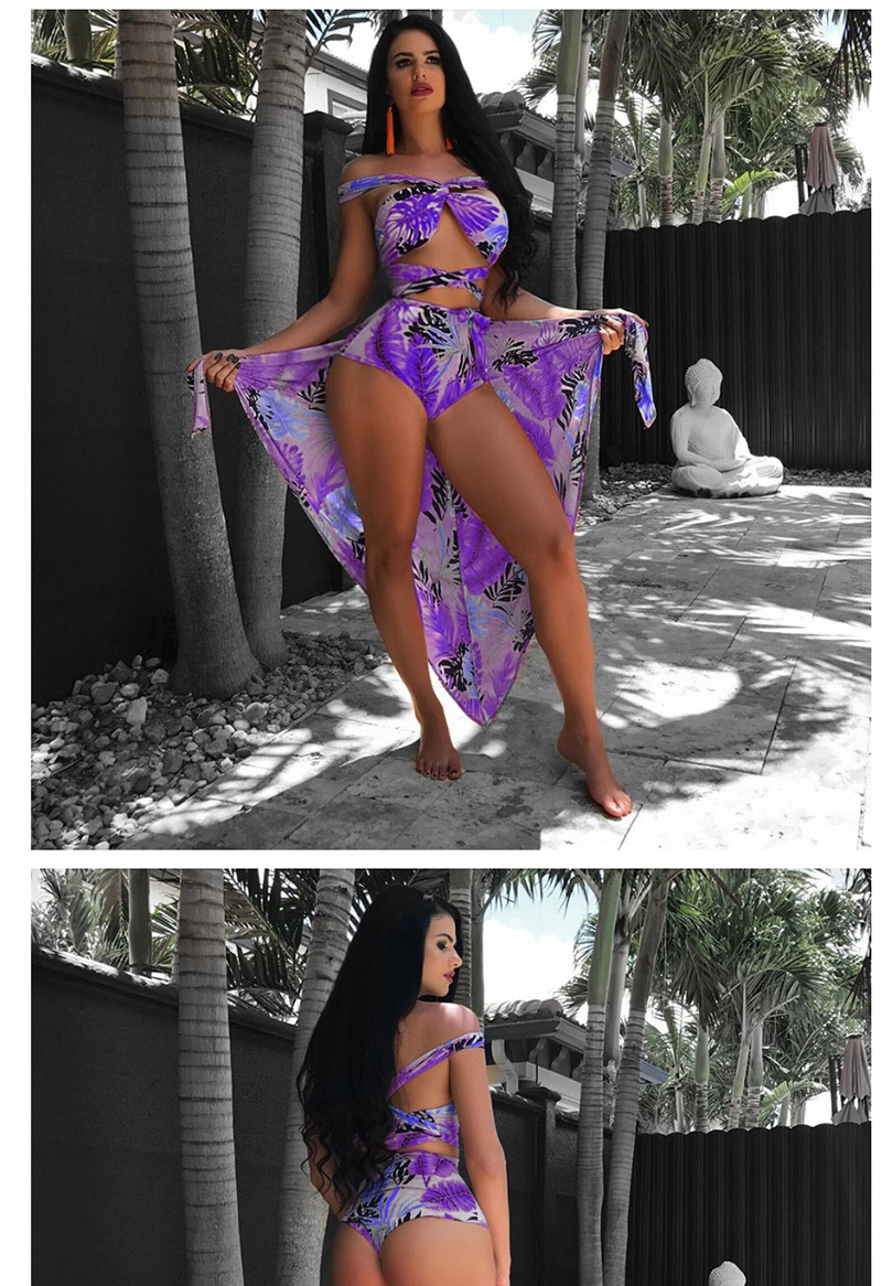 Sexy Purple Flower Pattern Decorated Swimwear(3pcs),Sunscreen Shirts
