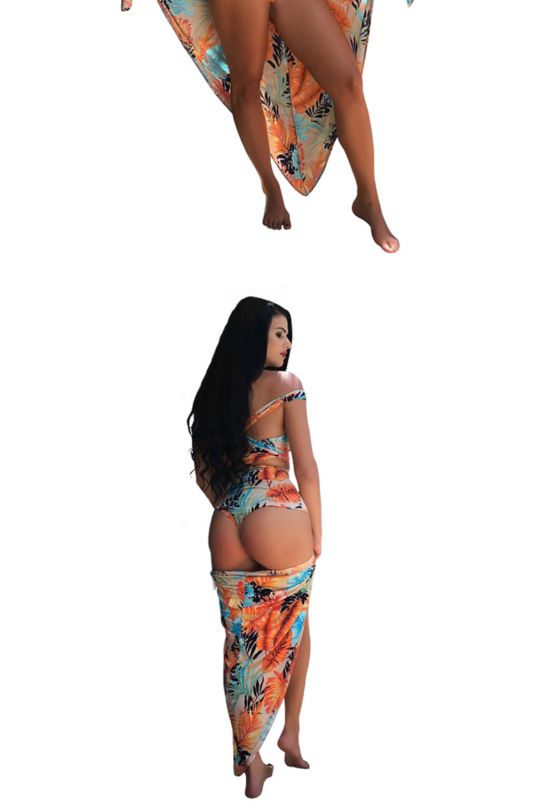 Sexy Orange Flower Pattern Decorated Swimwear(3pcs),Sunscreen Shirts