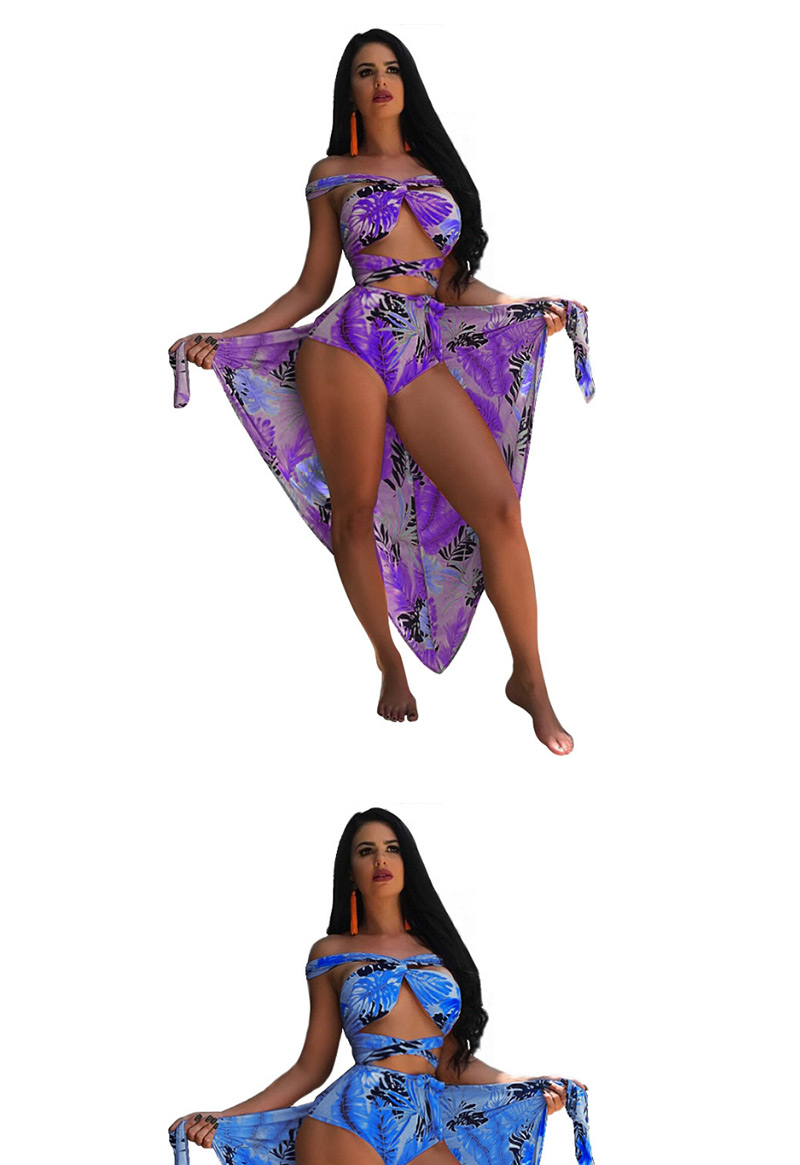 Sexy Purple Flower Pattern Decorated Swimwear(3pcs),Sunscreen Shirts