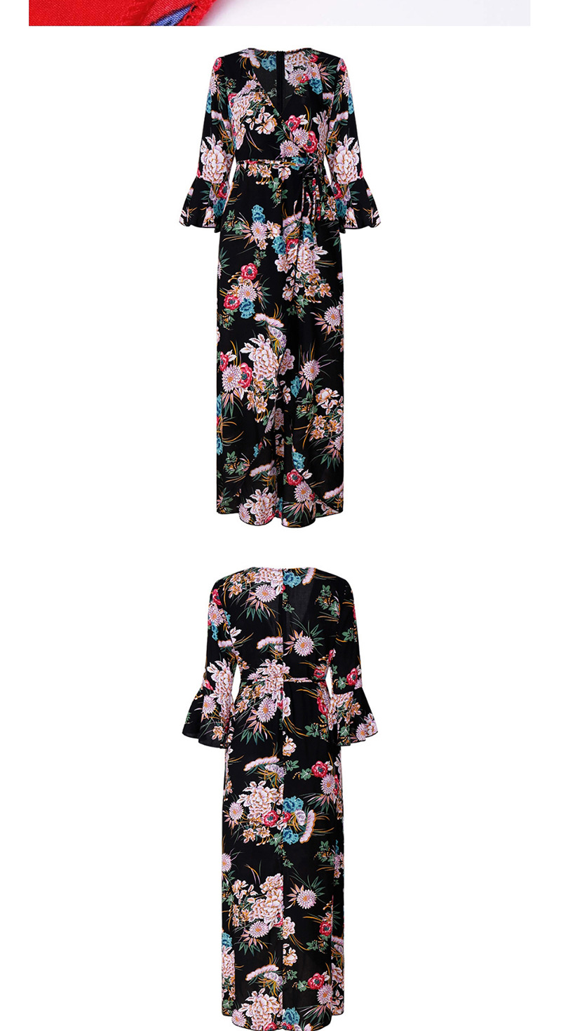 Fashion Black V Neckline Design Flower Pattern Dress,Long Dress