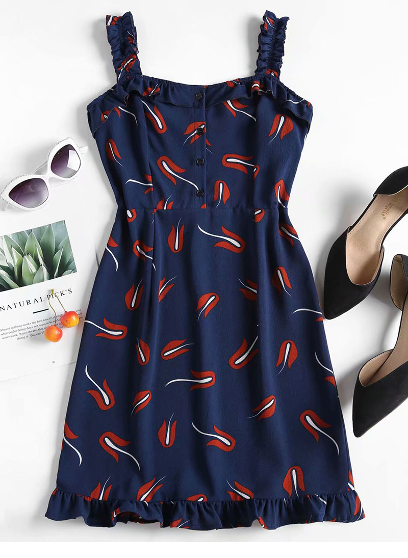 Fashion Navy Suspender Design Flower Pattern Dress,Mini & Short Dresses