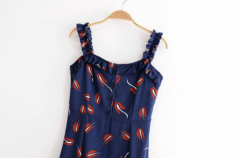 Fashion Navy Suspender Design Flower Pattern Dress,Mini & Short Dresses