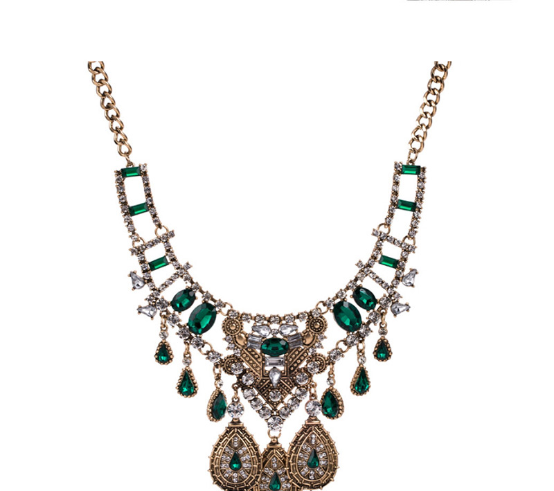 Fashion Gold Color+green Full Diamond Decorated Necklace,Bib Necklaces