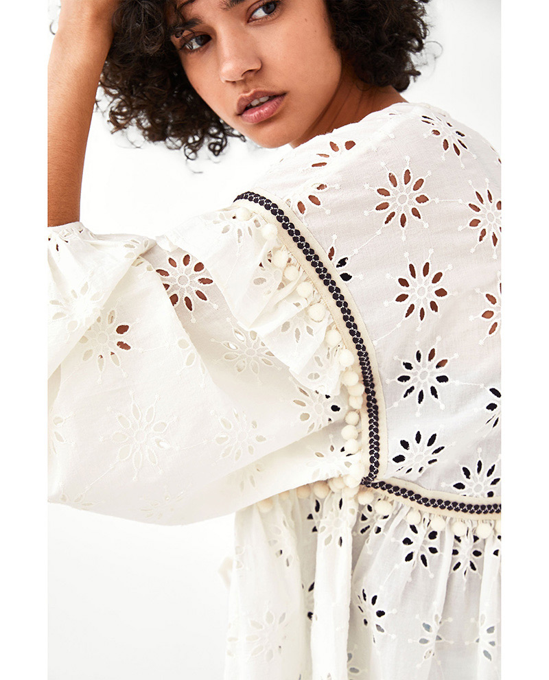 Fashion White Hollow Out Design Embroidered Coat,Blouses