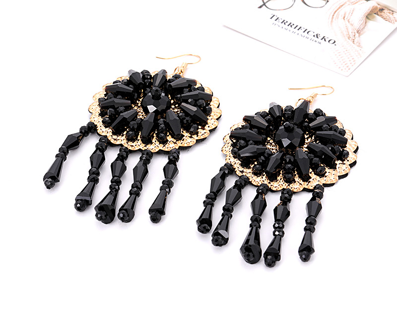 Vintage Black Flower Decorated Tassel Earrings,Drop Earrings