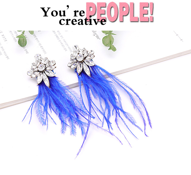 Vintage Sapphire Blue Diamond&feather Decorated Long Earrings,Drop Earrings