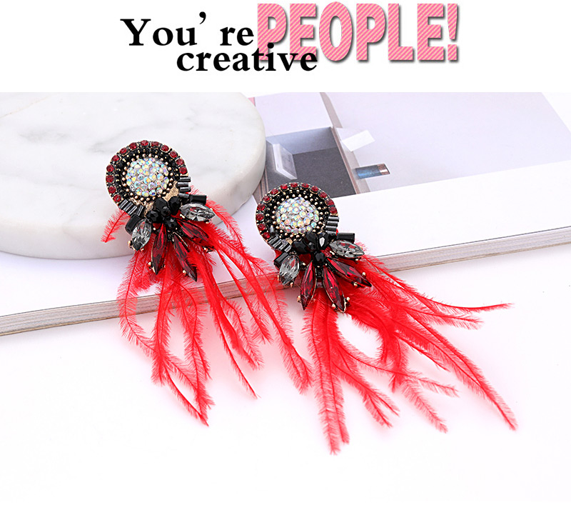 Vintage Red Feather Decorated Long Tassel Earrings,Drop Earrings