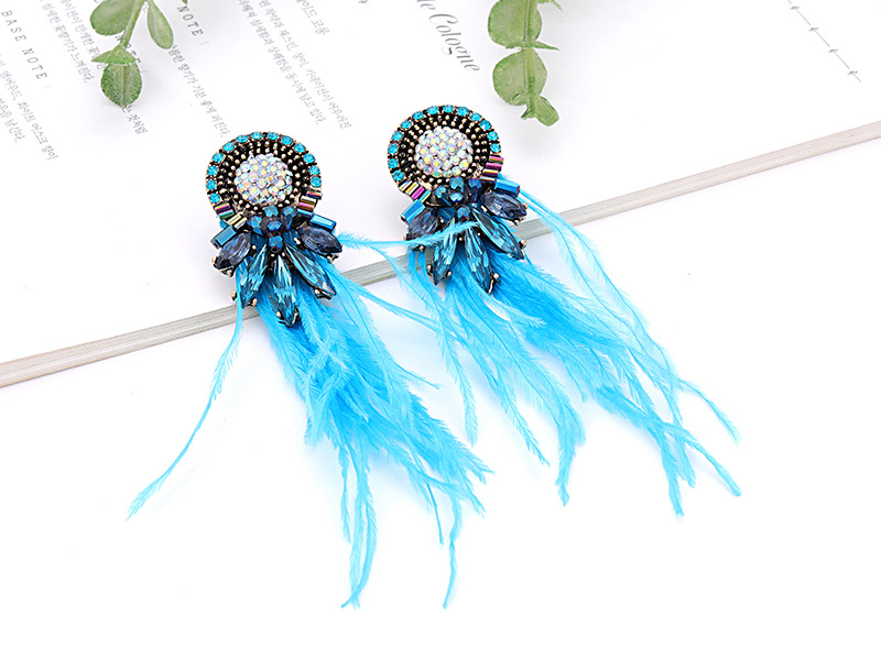 Vintage Blue+milky White Feather Decorated Long Tassel Earrings,Drop Earrings