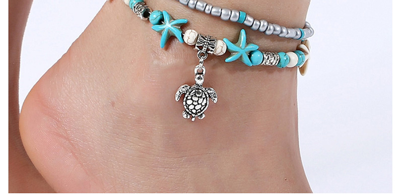 Elegant Blue Conch&starfish Decorated Double Layer Anklet,Beaded Bracelet