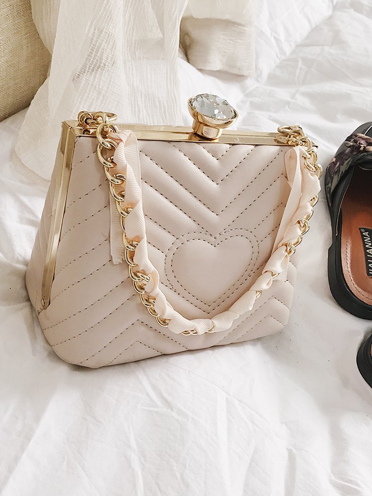 Lovely Beige Heart Pattern Decorated Pure Color Bag,Handbags