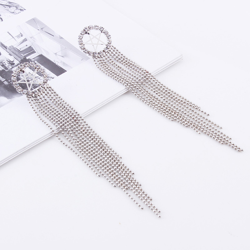 Elegant Silver Color Star Shape Decorated Tassel Earrings,Drop Earrings