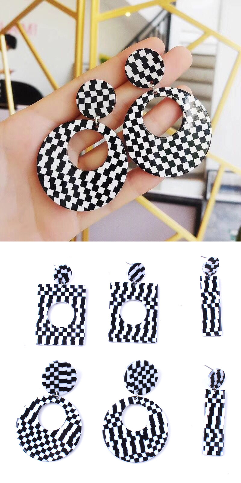 Elegant Black+white Grid Pattern Design Round Shape Earrings,Stud Earrings