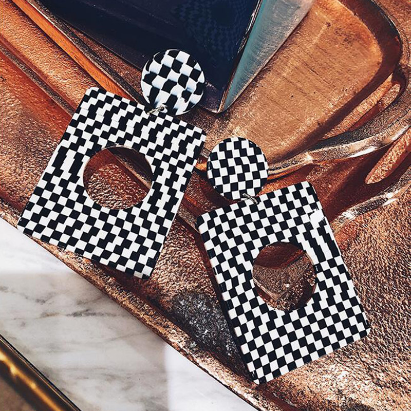 Elegant Black+white Grid Pattern Design Hollow Out Earrings,Stud Earrings