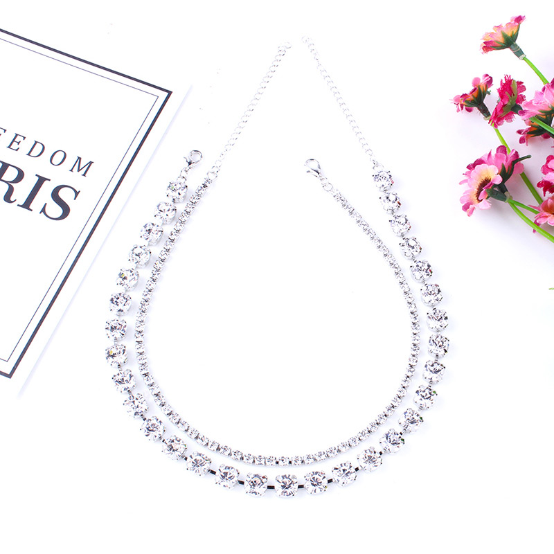 Elegant Silver Color Full Diamond Decorated Double Layer Choker,Multi Strand Necklaces
