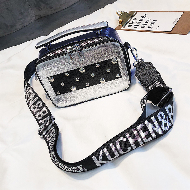 Fashion Silver Color Rivet Decorated Width-strap Shoulder Bag,Handbags