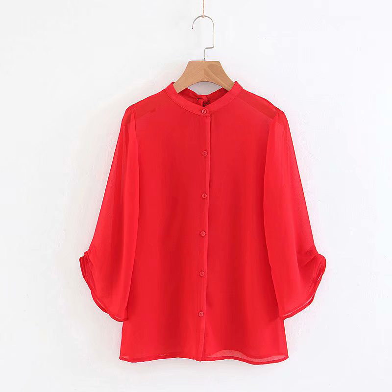 Fashion Red Pure Color Decorated Blouse,Sunscreen Shirts