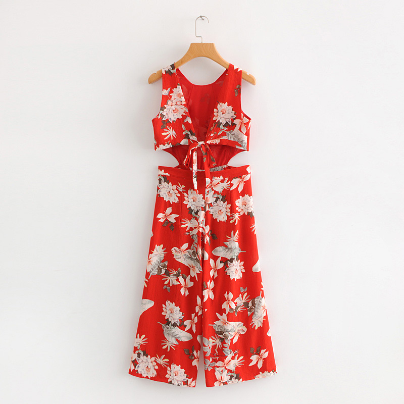 Fashion Red Flower Pattern Decorated Jumpsuit,Pants
