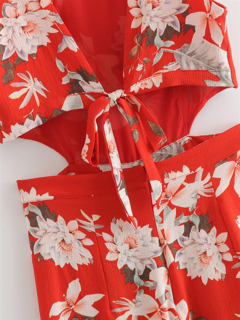 Fashion Red Flower Pattern Decorated Jumpsuit,Pants
