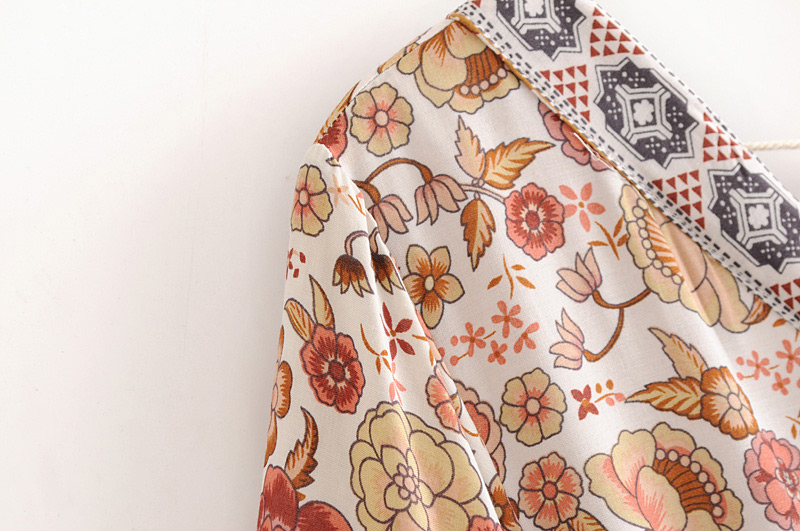 Fashion Beige Flower Pattern Decorated V Neckline Jumpsuit,Pants