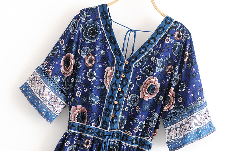 Fashion Blue Flower Pattern Decorated V Neckline Jumpsuit,Pants