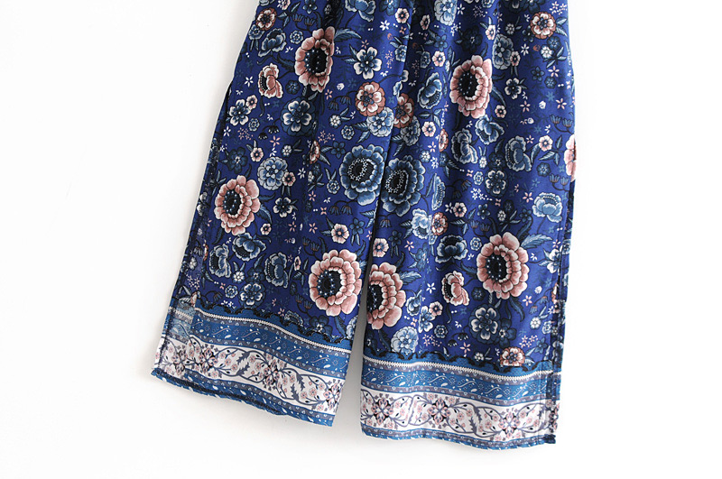 Fashion Blue Flower Pattern Decorated V Neckline Jumpsuit,Pants