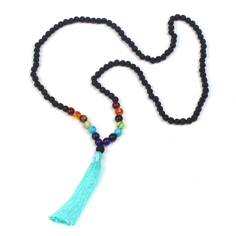 Vintage Blue Tassel Decorated Necklace (6mm),Beaded Necklaces