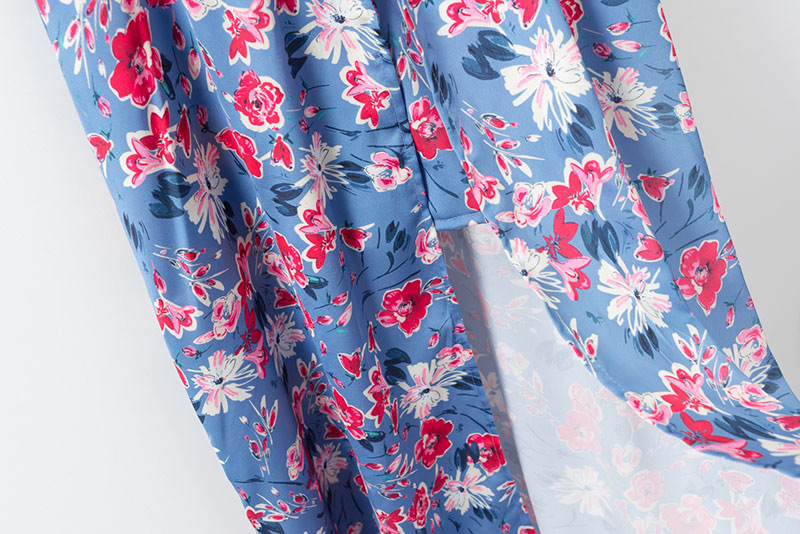 Fashion Multi-color Flower Pattern Decorated V Neckline Dress,Pants