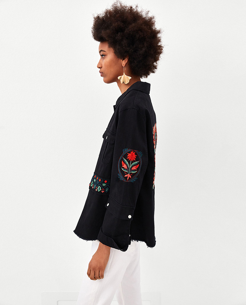 Fashion Black Embroidery Flower Decorated Coat,Coat-Jacket