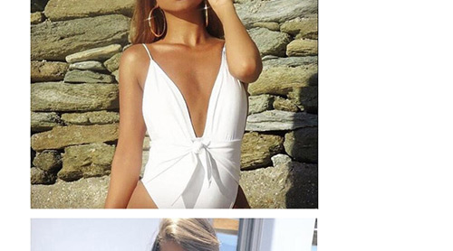 Fashion White V Neckline Design Pure Color Swimwear,One Pieces