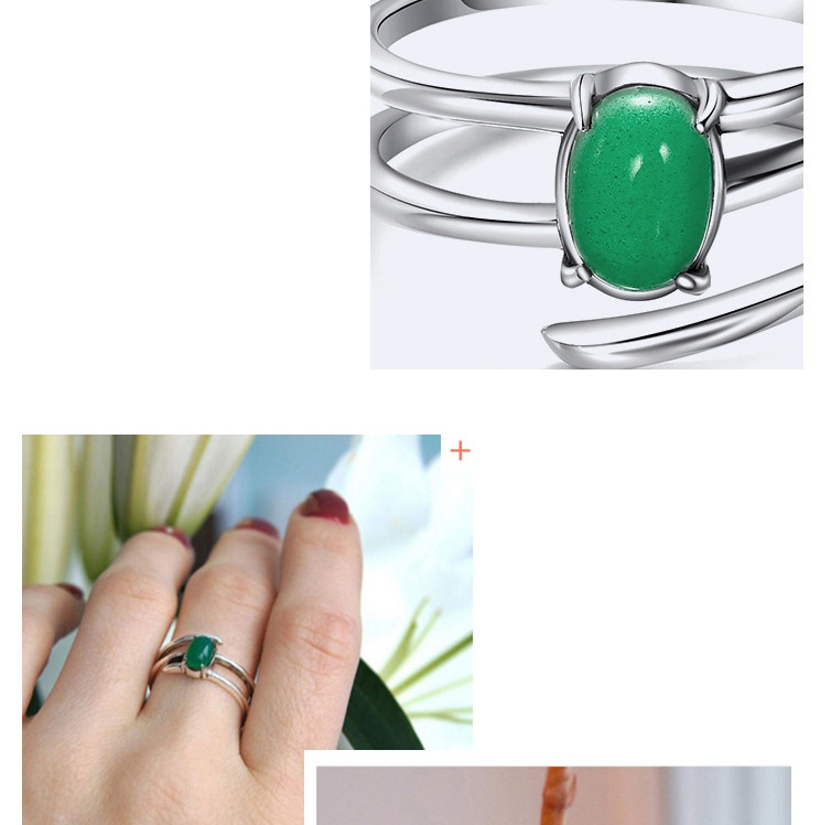 Elegant Silver Color+green Gemstone Decorated Double Layer Ring,Fashion Rings