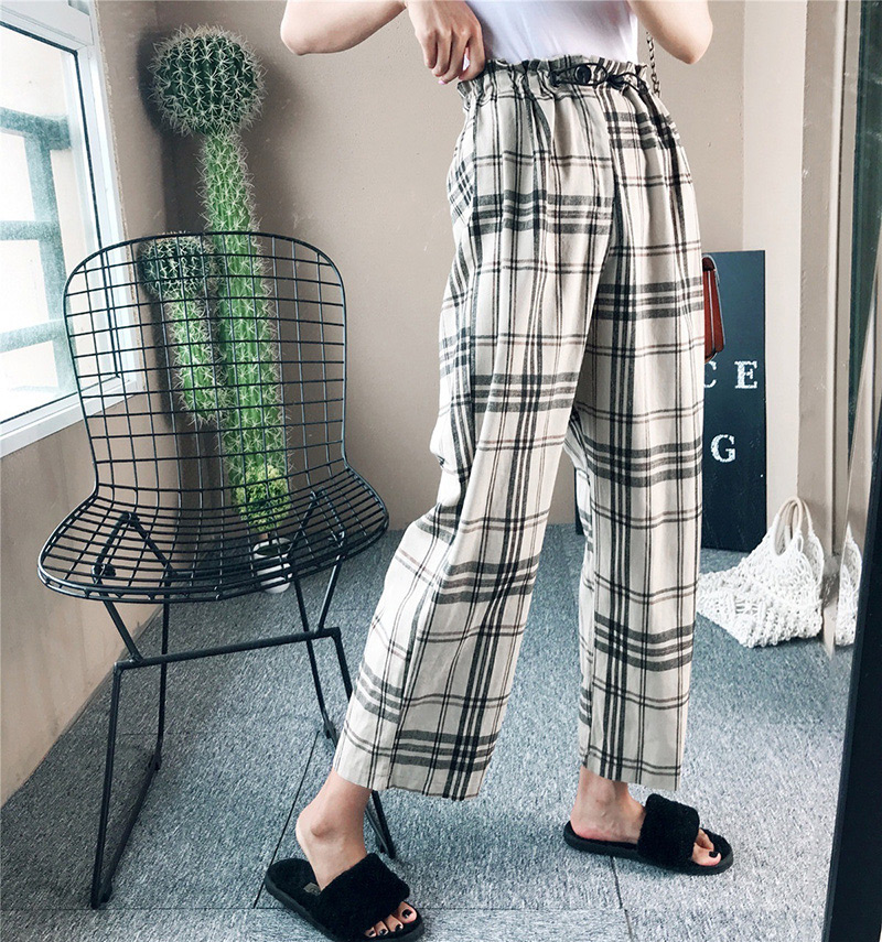Fashion Khaki Grid Pattern Decorated High-waist Pants,Pants